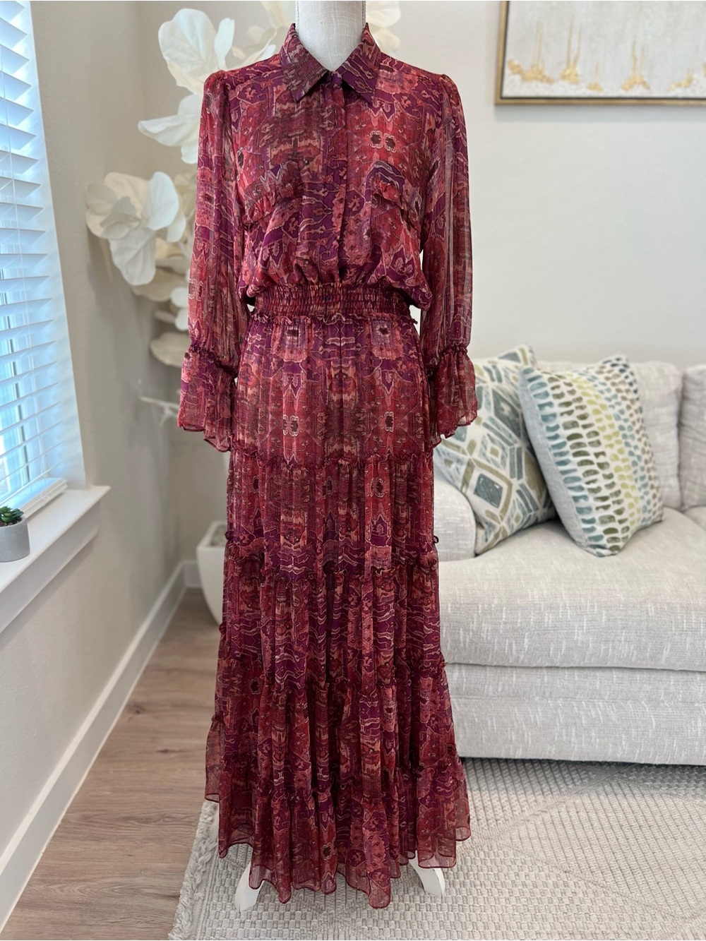 Misa Marcele Septima Tapestry Women’s Burgundy Patterned Long Sleeve Maxi Dress